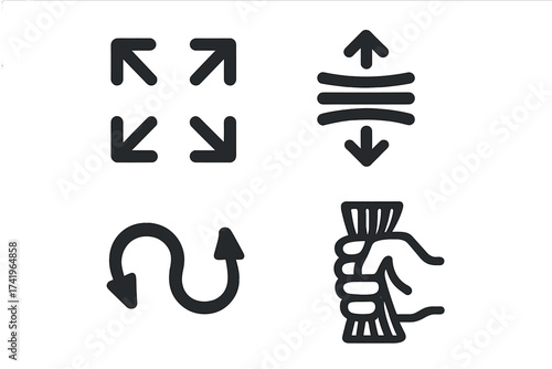 Minimize, compress, flexible, squeeze icon set. Vector symbols for UI. Maximize, resize, expand, fullscreen. Elasticity, stretch, pressure, contract. Hand grip. Winding arrow.