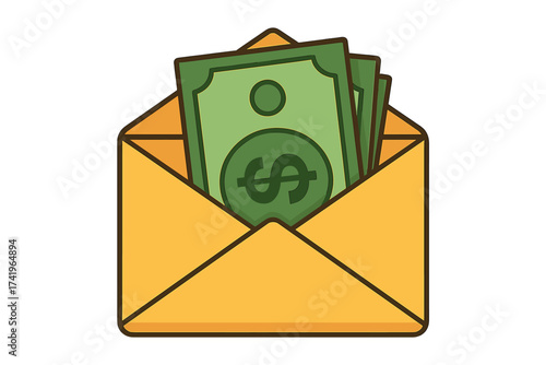 Money in envelope vector illustration. Dollar banknotes and cash in open mail. Concept for salary, payment, savings, or bribe. Financial bonus, income, or corruption symbol.