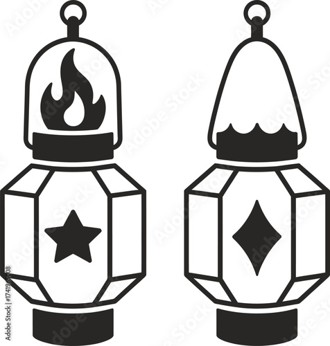 Two vintage kerosene lanterns in black silhouette on transparent background