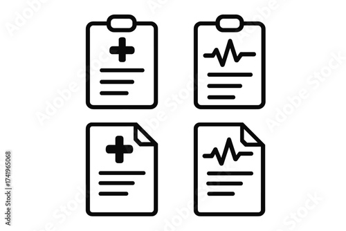 Medical record icon set. Patient chart, health report, and diagnosis document symbols. Clipboard with medical cross and EKG, ECG, heartbeat line. Vector illustration for healthcare.
