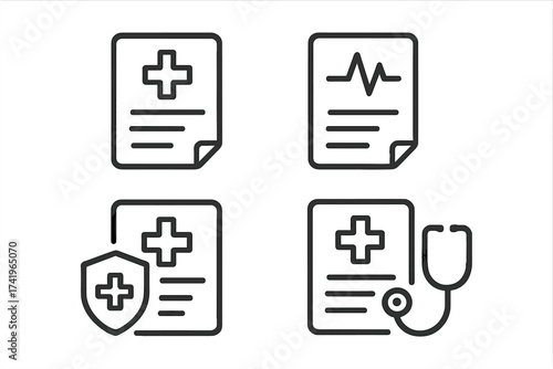 Medical record icon set with health insurance, patient file, cardiogram report. Healthcare history and diagnosis symbols. Document with stethoscope and protection shield vector line icons.