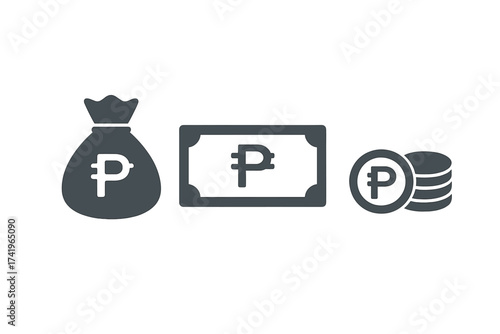 Peso money currency icon set. Flat vector graphic. Philippine peso sign. Finance, business, payment concepts. Money bag, banknote, coins symbols. Sack, cash, wage icon.
