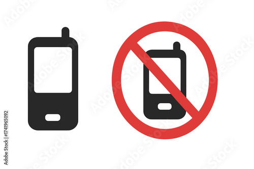 No mobile phone sign icon set. Phone prohibited symbol. Cellphone forbidden vector illustration. Turn off phone warning sign. No talking and calling. Silent mode. Restricted area.