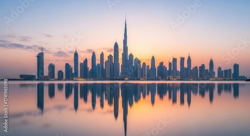 Expansive cityscape featuring numerous skyscrapers reflecting in placid water under a gradient sky