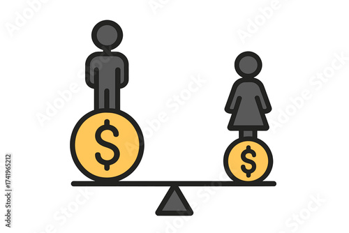 Gender pay gap concept illustration. Man on a larger dollar coin outweighs a woman on a smaller coin on a scale. Symbol of income inequality, salary difference, and discrimination.