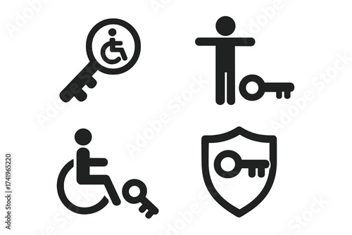 Metaphor for digital accessibility and privacy. Icon set with key, shield, and wheelchair symbol. Concept for disabled user rights, data protection, and secure personal access.