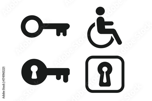 Accessibility icon set with key and keyhole. Concept for disability access, security, privacy, inclusion. Vector symbols for equal opportunity, disabled rights, and solutions.