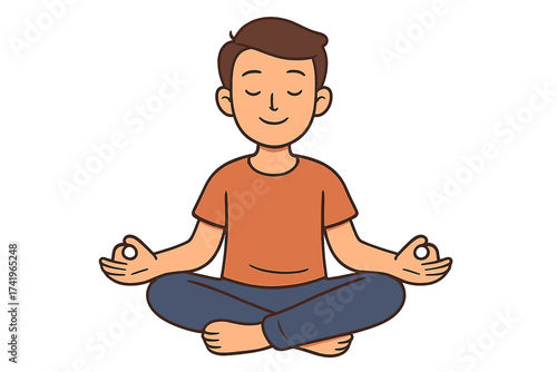 Man meditating in lotus pose for wellness and harmony. Peaceful cartoon character practicing yoga for relaxation, stress relief, and mindfulness. Vector for mental health.