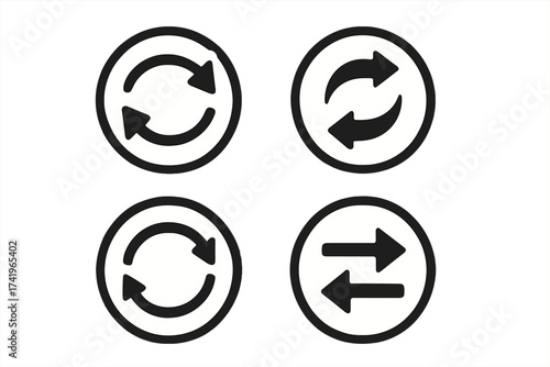Refresh and exchange arrow icon set. Vector symbols for reload, update, repeat, and data transfer. Circular and linear arrows for synchronization and swapping concepts.
