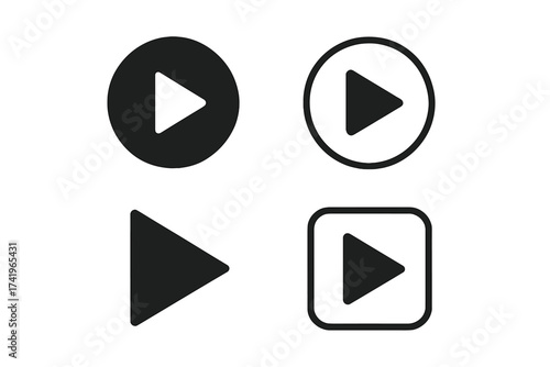 Play buttons vector icon set. Simple black flat media player start symbol collection. Modern graphic design element for video or audio player interface. Web sign isolated.