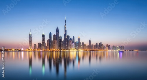 Wallpaper Mural Illuminated cityscape at twilight with numerous skyscrapers including a prominent supertall structure reflecting on calm water under a gradient sky Torontodigital.ca