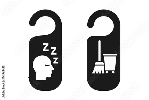 Do not disturb and please clean room hotel door hanger signs. Vector icon set for motel privacy and housekeeping service. Sleeping and cleaning symbols illustration concept.