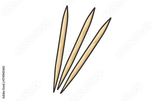 Toothpick vector icon. Three wooden toothpicks in cartoon style isolated on white. Dental hygiene, oral care symbol. Sharp wood sticks for food, appetizers, or party snacks.