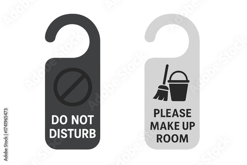 Hotel door hanger sign set. Please make up room and do not disturb concept. Housekeeping service and privacy symbol. Vector illustration for motel, resort, travel and hospitality.
