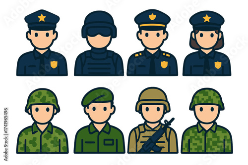 Vector icon set of police officers and army soldiers. Male and female cop avatars, military personnel, and special forces characters for security and law enforcement design.