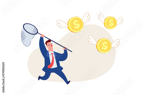 businessman chasing flying coins with butterfly net