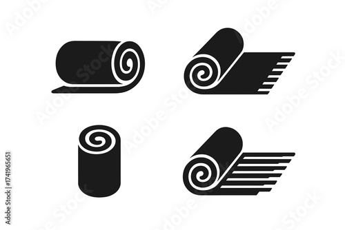 Carpet rolling vector icon set. Rolled rug or mat pictogram collection. Home decor, flooring installation and interior design symbol. Unrolling textile graphic element glyph.