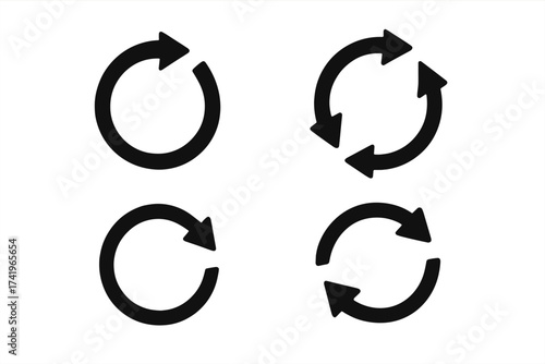 Circular arrow icon collection. Refresh, reload, rotate and repeat signs. Process, synchronization and loop symbols for user interface. Recycle and update vector set.