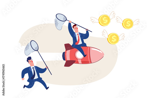 businessman riding rocket with butterfly net chasing flying money while competitor runs behind