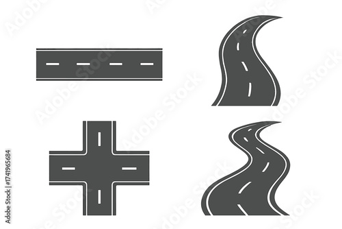Road vector illustration set. Winding road, straight street, highway path, and crossroads. Journey, route, direction, and travel concept. Asphalt pathway for map or infographic.