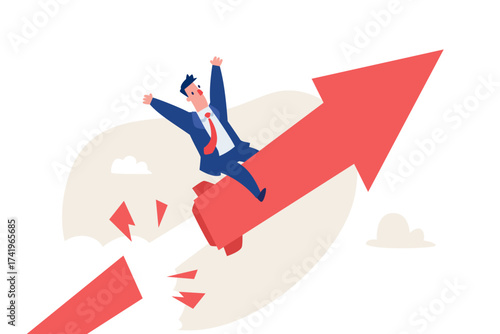 businessman riding arrow chart launching like rocket