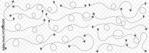 Big set of Airplane line path route travel vector concept. Plane routes dotted paths aircraft travel route start point flight destination black airplane. EPS 10.
