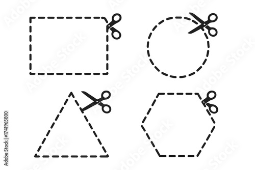 Scissors cutting dashed line shapes. Template for coupon or voucher element icon vector set. Geometric frame for discount, sale or craft. Cut out here symbol collection.