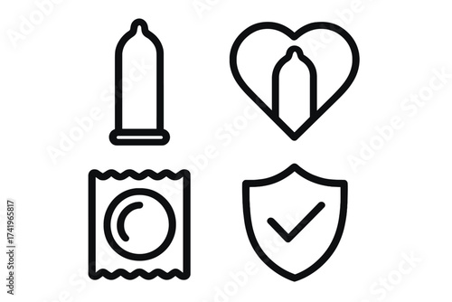 Safe sex icons set. Contraception and protection concept. Condom, heart, and shield symbol. Vector illustration for STD, HIV, and AIDS prevention. Health care and love.