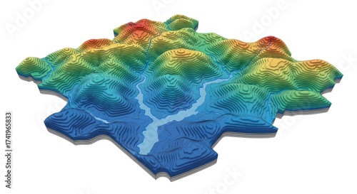 Colorful 3D Topographical Map with Layered Contours, Rivers, and Mountains on White Background - Geographic Terrain Model for Data Visualization and Earth Science Education