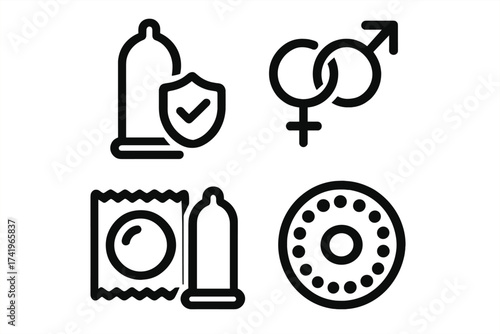 Safe sex and contraception line icon set. Vector symbols for sexual health, protection, and disease prevention. Includes condom, birth control pills, and gender signs illustration.
