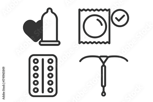 Safe sex and contraception methods icon set. Vector illustration of condom, birth control pills, IUD, and condom in pack. Family planning and sexual health protection symbols.