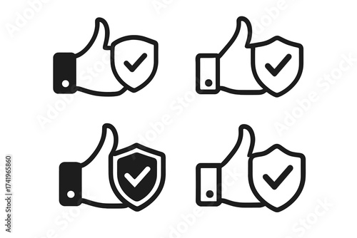 Icon set of trust and quality. Thumbs up with shield and check mark. Symbol for guarantee, protection, and security. Best choice. Approved and verified sign. Reliable quality.