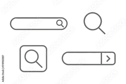 Search bar and magnifying glass line icon set. Vector illustration for UI UX web design. Find and browse internet symbol graphic element. Editable on transparent background.
