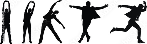 Silhouette of a business man in various dynamic poses and stretches