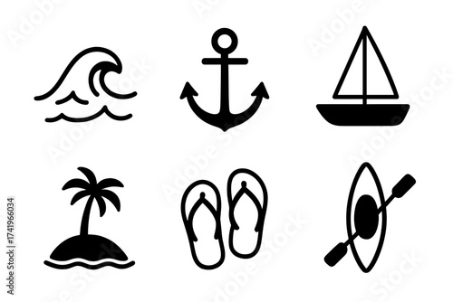 Sea icon set with ocean wave, anchor, sailboat, island, flip flops, kayak. Travel and vacation concept vector illustration. Marine nautical symbols for summer holiday design.