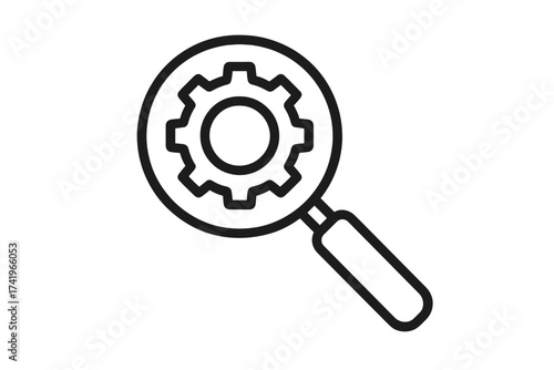 Search icon with gear. Magnifying glass and cogwheel vector. Technical analysis, engineering inspection, development concept. Find settings, configuration, and options. Audit.
