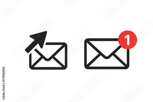 Email icon set for sending and receiving messages. Mail envelope symbol with new notification alert for inbox. Unread letter vector graphic for web, app, UI, UX design.