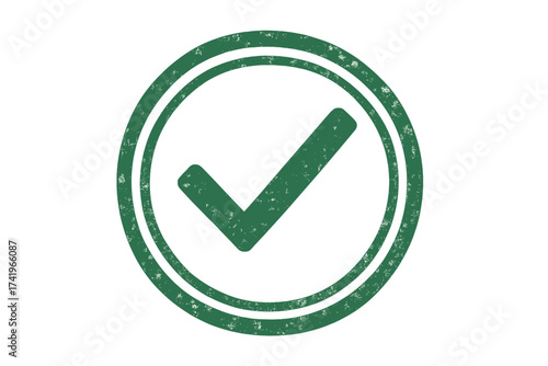 Green approved stamp with checkmark icon. Grunge rubber seal for quality control. Certified, passed, and validated vector symbol. Success confirmation label illustration.