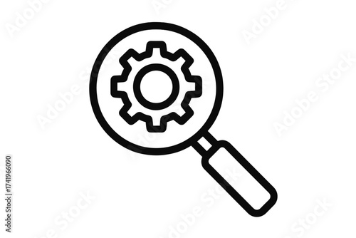 Search icon with magnifying glass over a cogwheel. Engineering inspection, settings analysis, technical support, development, and quality control concept. Find process or system.