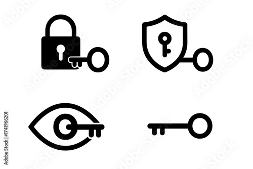 Set of business key icons for safety, privacy, and security. Vector symbols for protection, access, and data secrets. Lock, shield, and eye with keyhole illustrations.