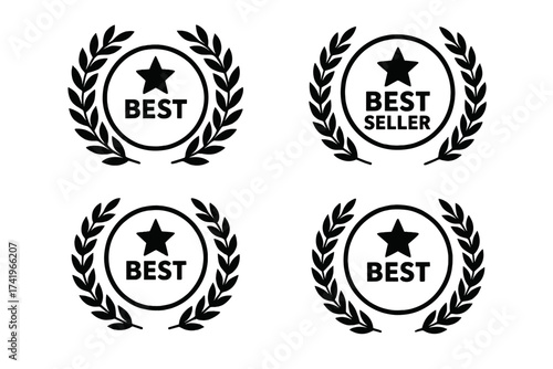Bestseller laurel wreath vector icon set. Best seller and top quality product sticker or label. Winner award seal with star and wreath. Premium choice round badge illustration.