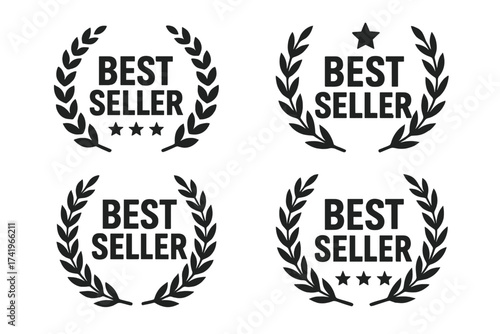 Best seller award laurel wreath vector icon set. Bestseller winner badge collection. Top quality product label sticker logo. Star rating seal emblem for promotion and sales.