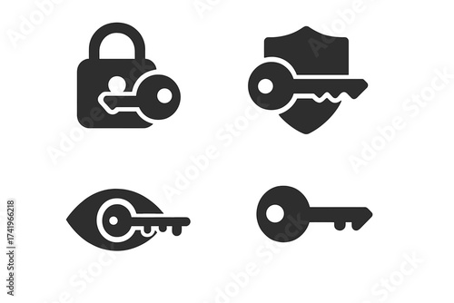 Security vector icon set. Key, lock, and shield symbols for safety and privacy. Data protection, access control, and authentication concept. Cybersecurity graphic elements.