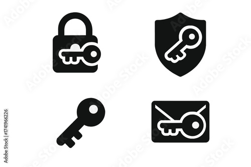 Business security icon set. Vector collection of key, lock, shield, and message symbols for privacy, safety, and data protection. Concept of secure access and encryption.