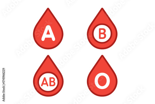 Blood group types A, B, AB, O vector icon set. Medical illustration for health care and donation concepts. Red blood drop symbol for laboratory test, hospital, scientific analysis.
