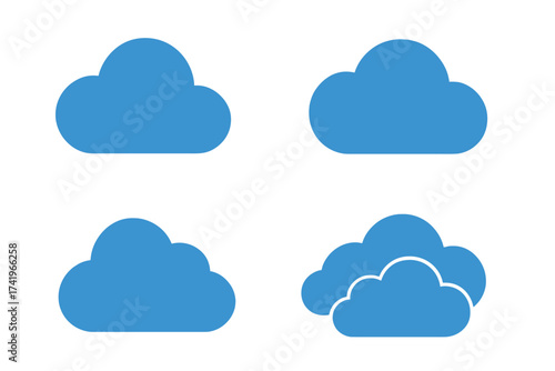 Cloud icon vector shape collection. Blue cloudy pictogram symbol set. Flat graphic illustration for weather app or website. Cloud computing, data storage, network concept.