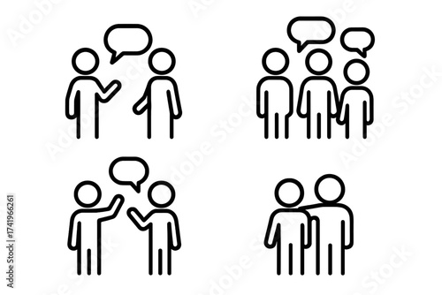 Vector icon set of people talking and chatting. Stickman figures in group discussion, one-on-one conversation, and friendship support. Communication and social interaction symbols.