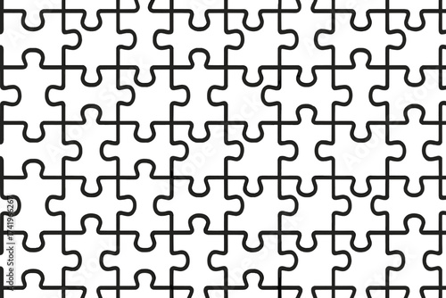 Jigsaw puzzle seamless pattern. Vector background of connected black pieces. Metaphor for teamwork, problem-solving, and strategy. Concept of connection, unity, and solution.