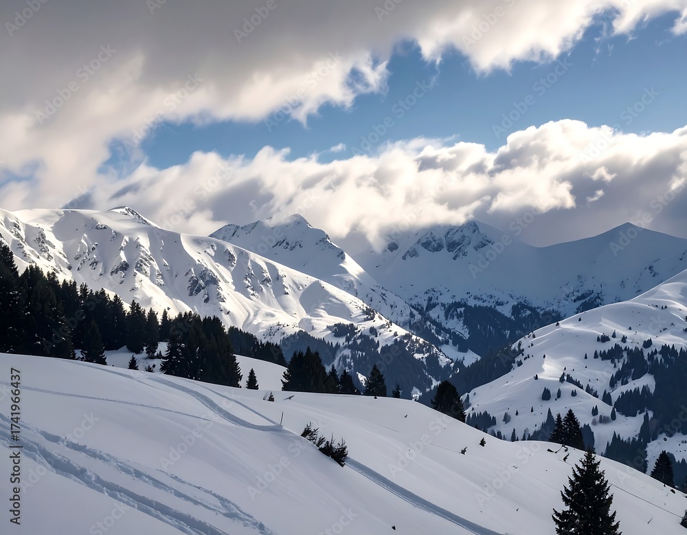Fototapeta premium Sunlit snowy peaks under a dramatic cloudy sky