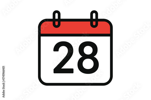 Calendar icon with day 28. Date, schedule, appointment, and event planning symbol. Important deadline reminder for the twenty-eighth day of the month. Simple vector logo.